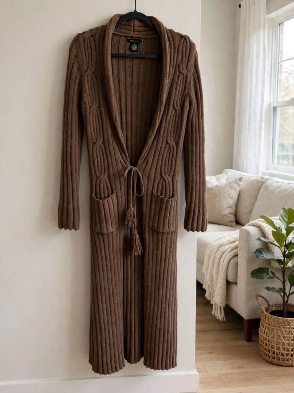 BCBGMaxAzria Long Ribbed Shawl-Collar Cardigan in Brown M